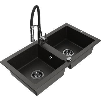 Mexen Mario гранитна мивка с 2 отделения с кухненски смесител Aster, черен/златен металик - 6504-75-73450-07-B (6504-75-73450-07-B)