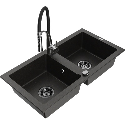 Mexen Mario гранитна мивка с 2 отделения с кухненски смесител Aster, черен/златен металик - 6504-75-73450-07-B (6504-75-73450-07-B)