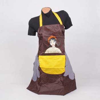 Image 1 of Гумирана престилка за готвене в кафяво и жълто с момиче