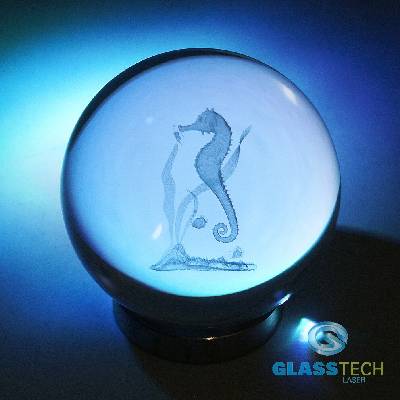 3D Mořský koník v kouli 80 mm + LED stojánek