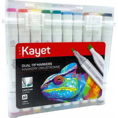Kayet obojstranné fixky 3 a 6 mm, okrúhly a skosený hrot, 60 farieb
