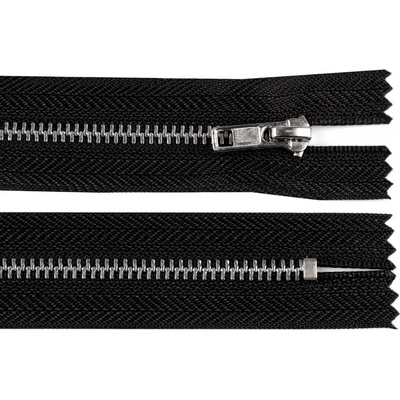 Kovový zip No 3 délka 18 cm kalhotový se stříbrnými zoubky, malé, 322 černá
