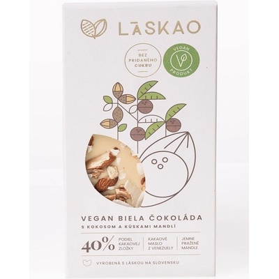 LASKAO VEGAN Biela čokoláda s kokosom a kúskami mandlí 75 g