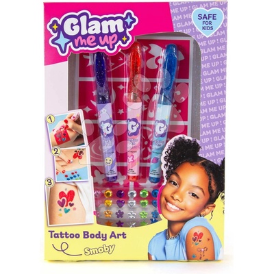 Glam Tattoo Body Art Smoby Tetovacia sada s ozdobnými kamienkami s 8 šablónami a fixkami na telo od 6 rokov