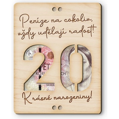 Dřevěná obálka na peníze - Krásné narozeniny 20