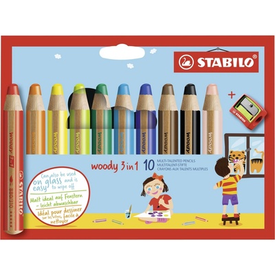 Woody Pastelka vodovka a voskovka v jednom STABILO 3 in 1 10 ks sada s strúhadlom