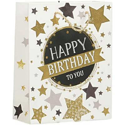 Подаръчна торбичка Happy Birthday - Звезди, 18 х 23 х 8 cm, бяла