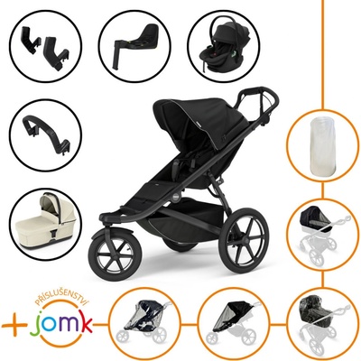 Thule Set 11v1 Urban Glide 4-wheel Black 2024 + madlo + korbička Black + příslušenství JOMK + autosedačka Thule Maple Black s ISOFIX základnou Thule Alfi a adaptéry