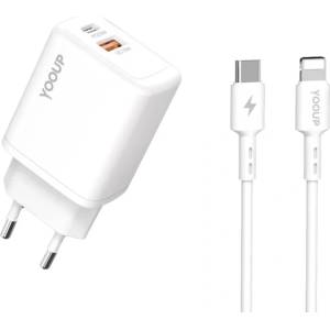 YOOUP Мрежово зарядно устройство с 1xUSB + 1xUSB-C гнездо + Lightning кабел Yooup 20W NC56-D (NC56-D + NB36-CL-1M)