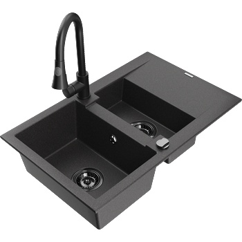 Mexen Gaspar гранитна мивка с 1, 5 камери с отцедник и кухненски смесител Elia, черно накъсано - 6507-76-670101-70-B (6507-76-670101-70-B)