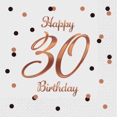 B&C Happy 30 Birthday obrúsky biela ružová a zlatá potlač certifikát FSC33x33cm 20 ks