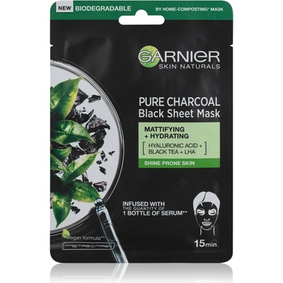 Garnier Skin Naturals Pure Charcoal черна платнена маска с екстракт от черен чай 28 гр