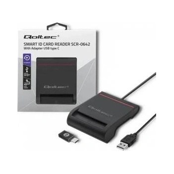 Qoltec SCR-0642 ID Chip Card Reader | USB 2.0 + USB-C Adapter