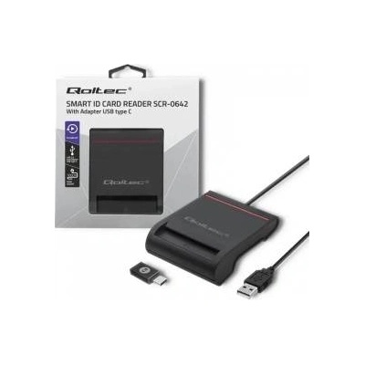 Qoltec SCR-0642 ID Chip Card Reader | USB 2.0 + USB-C Adapter
