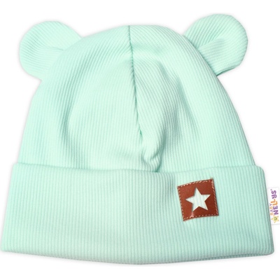 Baby Nellys Rebrovaná dvojvrstvová čiapka s uškami TEDDY mätová