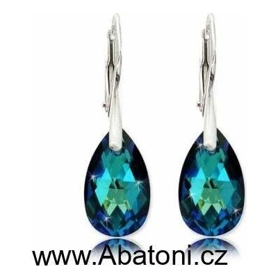 Swarovski Elements Pear krystal stříbrné visací modré slzičky kapky 31215.5 Bermuda Blue modrá mořská duhová měňavá