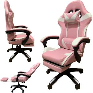 PRO-X Goborelax Геймърски стол с подложка за крака, масажна функция - бяло-розово (bm028)