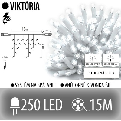 Viktória led svetelná záclona vonkajšia flash 250led 15m studená biela flash prebliknutie studená biela biely kábel