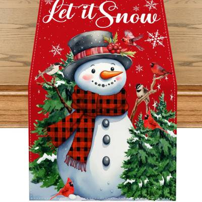 Bavlissimo Vánoční běhoun na stůl s motivem sněhuláka a ptáčků – Let it Snow, 32x180 cm