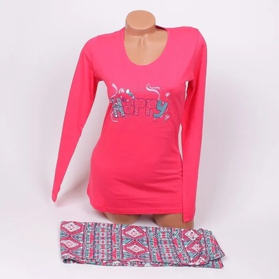 Дамска памучна пижама в цикламено с надпис и шарен десен