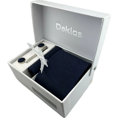 Daklos Luxusní set tmavě modrý s moderním vzorem Kravata kapesníček do saka manžetové knoflíčky kravatová spona v dárkovém balení