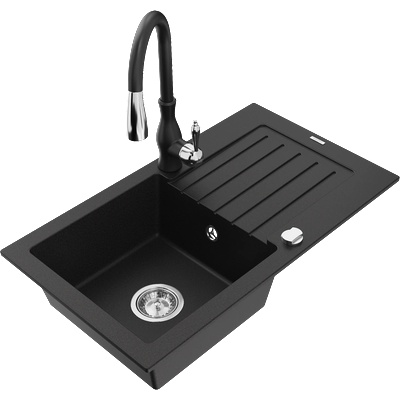 Mexen Pablo гранитна мивка с една камера с отцедник и кухненски смесител Savita, черен - 6510-77-672601-70 (6510-77-672601-70)