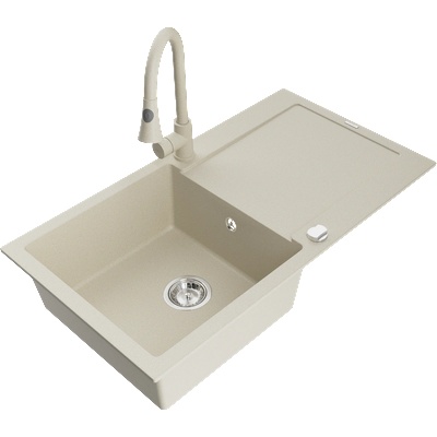 Mexen Leo гранитна мивка с 1 отделение с отцедник и кухненски смесител Elia, бежов - 6501-69-670101-69 (6501-69-670101-69)