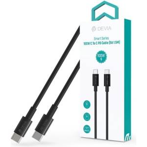 DEVIA ST111110 Smart Series 1, 5 м 100W черен кабел за пренос на данни и зареждане Type-C/Type-C (ST111110)