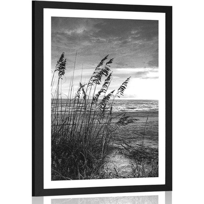 Plakát s paspartou západ slunce na pláži v černobílém provedení - 40x60 no frame