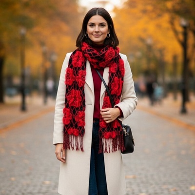 Дамски зимен шал в черно с червени цветя