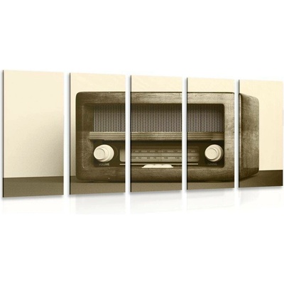 5-dílný obraz retro rádio v sépiové provedení - 100x50