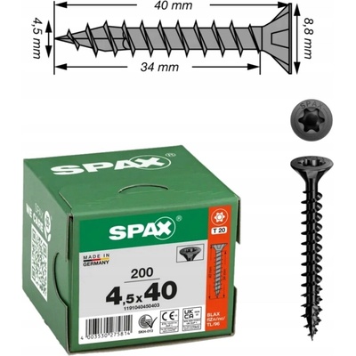 Vruty do dřeva SPAX 4,5x40 mm, Torx, plný závit, zápustná hlava, černé, 200 ks