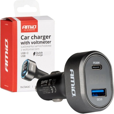 Rychlonabíječka do auta s napěťovým LED displejem 3.0 PD30W AMIO-04178, , , – Zboží Živě
