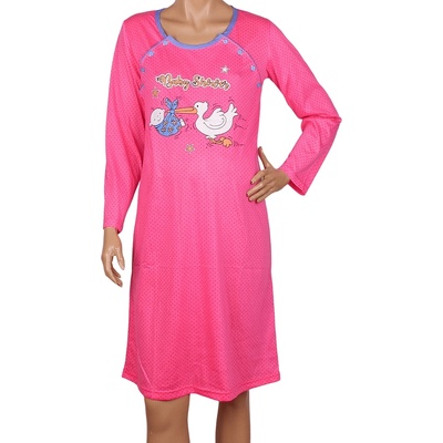 Макси нощница за кърмачки с дълъг ръкав в цикламено с щъркел