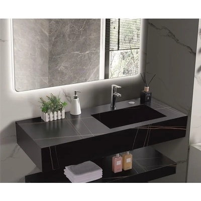 Inter Ceramic Мивка за баня PIETRA / ICL 12049/120B RIGHT, стенен монтаж, кварц, черен, 120x50x18см (12049/120B RIGHT)