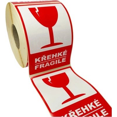 Traiva s.r.o Značení obalů - Křehké / Fragile - červený piktogram Verze: Samolepka 80 x 120 mm tl. 0,1 mm - kotouč 500 ks - Kód: 17648