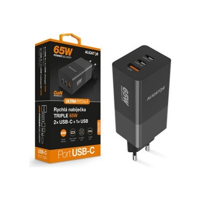 Chytrá síťová nabíječka ALIGATOR GaN, Power Delivery 65W, 2xUSB-C, 1xUSB-A, černá – Zbozi.Blesk.cz