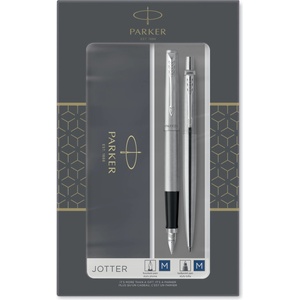 Parker Jotter Duo Gift Set with Ballpoint Pen and Fountain Pen | Stainless Steel with Chrome Accents | Refill Ink and Cartridges with Blue Ink | Gift Box - 2093258 (2093258)