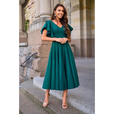 Warsaw Dress midi šaty s volánovými rukávmi smaragdové