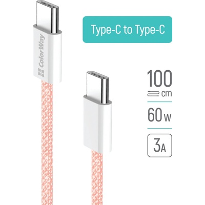 ColorWay CW-CBPDCC061-P Type-C - Type-C (braided cotton) PD Fast Charging 60W 3.0А 1m růžový