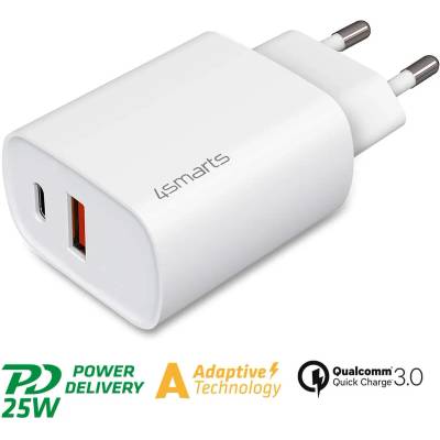 4smarts Wall Charger VoltPlug Adaptive 25W with QC/PD/AFC - захранване за ел. мрежа с USB-A изход и USB-C изход с технология за бързо зареждане (25W) (бял)