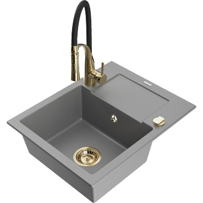 Mexen Enzo гранитна мивка с 1-контейнери с отцедник и кухненски смесител Aster, сив - 6506-71-73450-57-G (6506-71-73450-57-G)