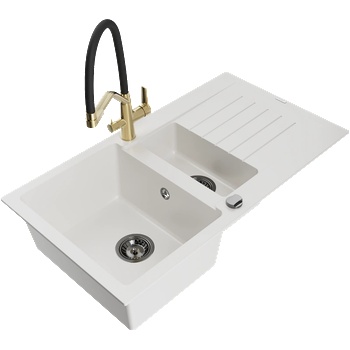 Mexen Matias гранитна мивка с 1, 5 камери с отцедник и кухненски смесител Duo, бял - 6502-20-671701-57-B (6502-20-671701-57-B)