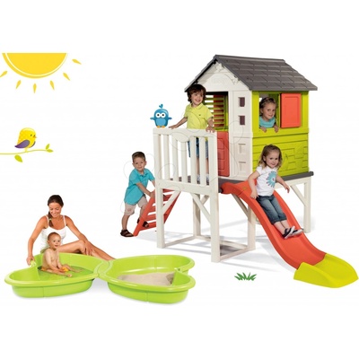 Smoby Set detský domček na pilieroch Pilings House s 1,5 m šmykľavkou+pieskovisko Motýľ s vodotryskom 2*95 litrov SM810800-7