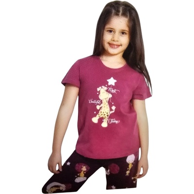 Детска памучна пижама в светло и тъмнолилаво с апликация на жирафче