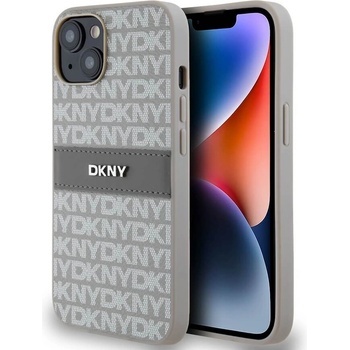 DKNY Repeat Pattern Tonal Stripe Leather Hard Case - дизайнерски кожен кейс за iPhone 14 (бежов)
