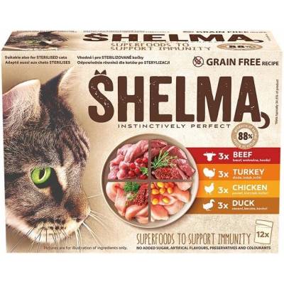 SHELMA Cat kuracie hovädzie kačacie a morčacie 12 pack 85 g
