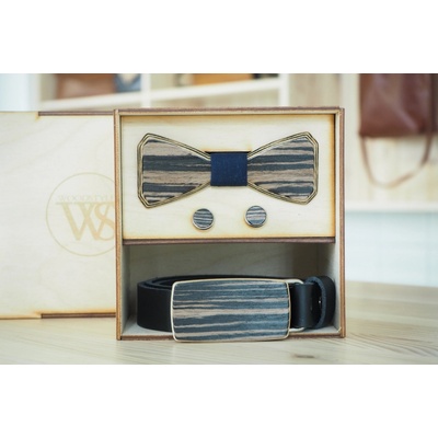 Wood Style Set Hranatý Dub černý opasek motýlek a manžetové knoflíčky Modrotisk