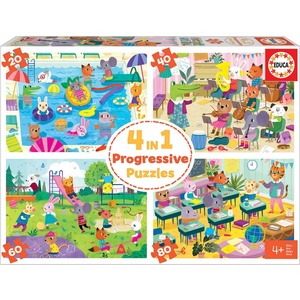 Educa Прогресивен пъзел, Educa, На училище, 4 в 1, 20-40-60-80 части (EDU18904)