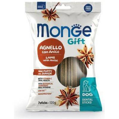 MONGE GIFT Dental Sticks Puppy Mini /7 ks dentálna pochúťka pre šteňatá s jahňacím mäsom a anízom 120 g